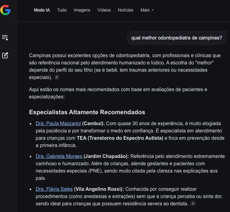 Dra. Flávia Sales aparecendo no Modo IA do Google